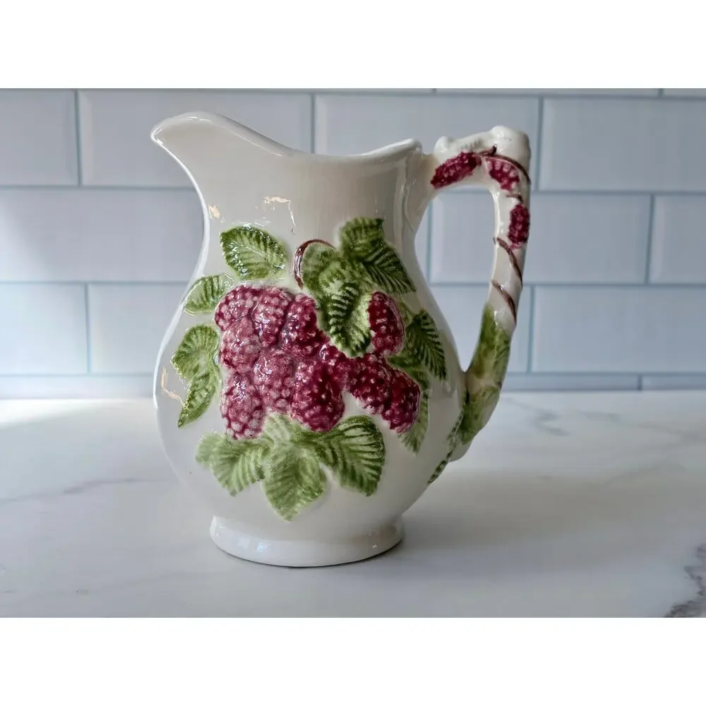 Vintage 1970s Ceramic Raspberry Pitcher | Majolica Style Fruit Design